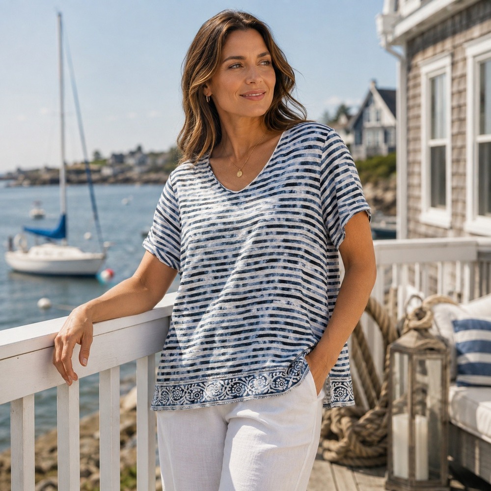 J Jill Love Linen Womens Striped 100%‎ Linen Top XL Blue White Nautical Boho